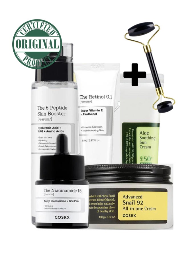COSRX Ultimate Skincare Arsenal and Face Massage Roller - Snail 92 All in One Cream , Retinol 0.1 Cream, The Niacinamide 15 Serum, The 6 Peptide Skin Booster Serum, and Aloe Soothing Sun Cream SPF50+/ PA+++ 340ml - Image 1