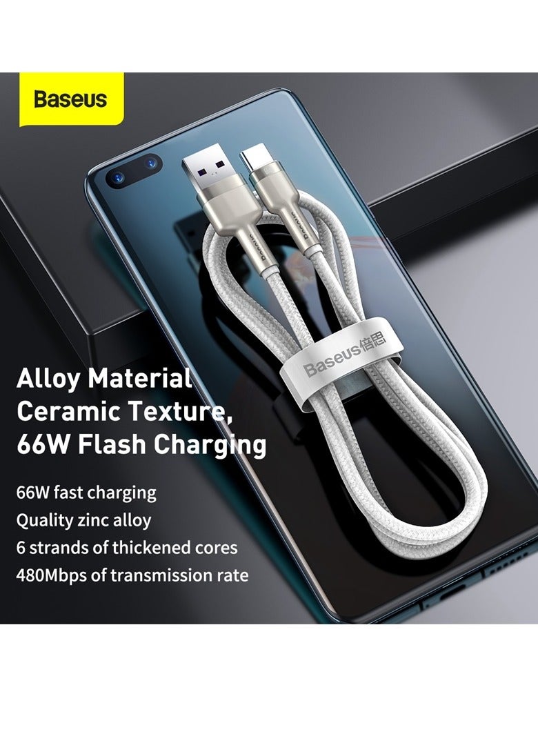 Baseus - USB To Type-C 66W 6A (2m) Fast Charging Cable For Huawei P40 Pro, P30 Pro, Honor View 20, Honor Magic 2, Samsung S21 Plus/S21/S20, Xiaomi, iPhone 15 Series And Many More White - Image 1