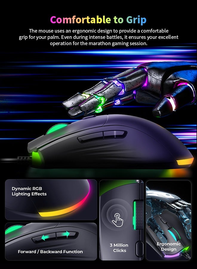 havit Wired Gaming Mouse, Dynamic RGB Lighting Effects, 3 Million Clicks, High-Precision Sensor, Comfortable Grip  - Image 4