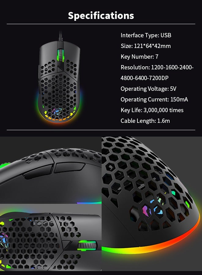 هافيت - ماوس ألعاب سلكي مع إضاءة RGB وتصميم قرص العسل خفيف الوزن للغاية ودقة 7200 نقطة في البوصة قابلة للتعديل و7 أزرار قابلة للبرمجة - Image 1