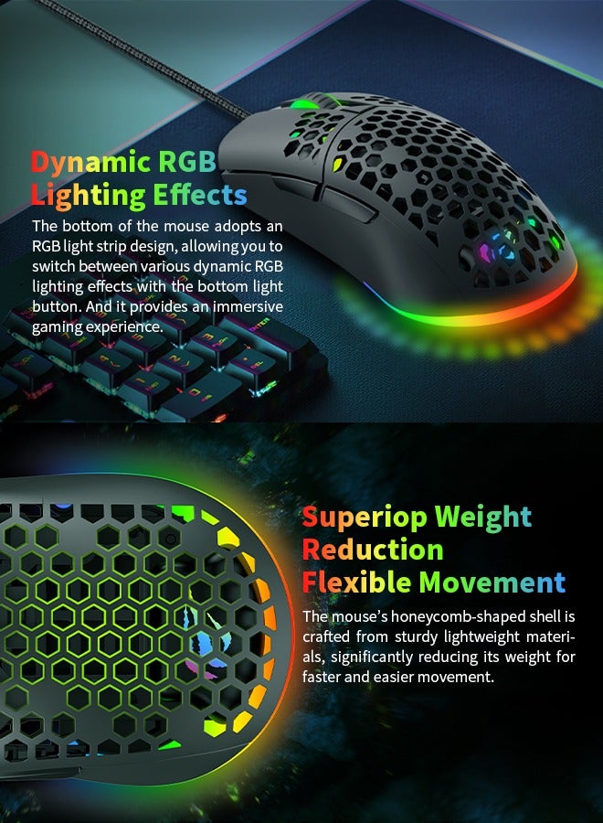 هافيت - ماوس ألعاب سلكي مع إضاءة RGB وتصميم قرص العسل خفيف الوزن للغاية ودقة 7200 نقطة في البوصة قابلة للتعديل و7 أزرار قابلة للبرمجة - Image 1