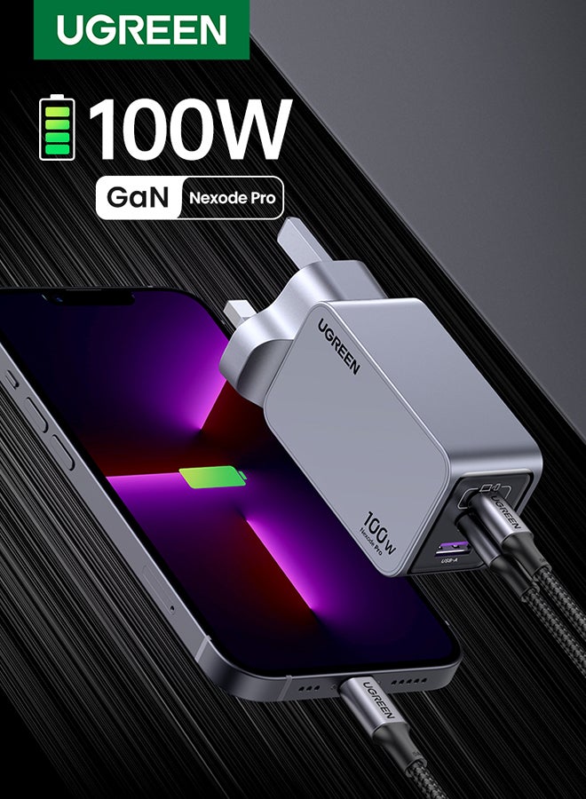 100W Nexode Pro Charger GaN 2C1A USB Type C Wall Plug Adapter Newest GaNII Tech Portable Smaller Size Travel Charger Compatible With iPhone Samsung Huawei Macbook Lenovo Dell LG Asus HP Acer Drone Grey 