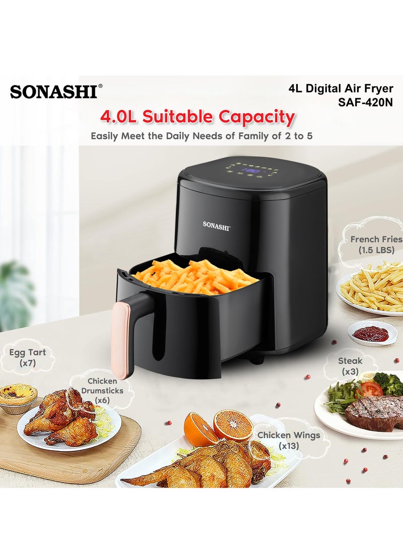 SONASHI - Air Fryer - 4L Capacity| LED Display Touch Screen with 80-200C Temperature Control| No-oil Cooking with Over-Heat Protection| Non-Stick Coating Basket - Auto shutoff function 4 L 1200 W SAF-420N Black - Image 1