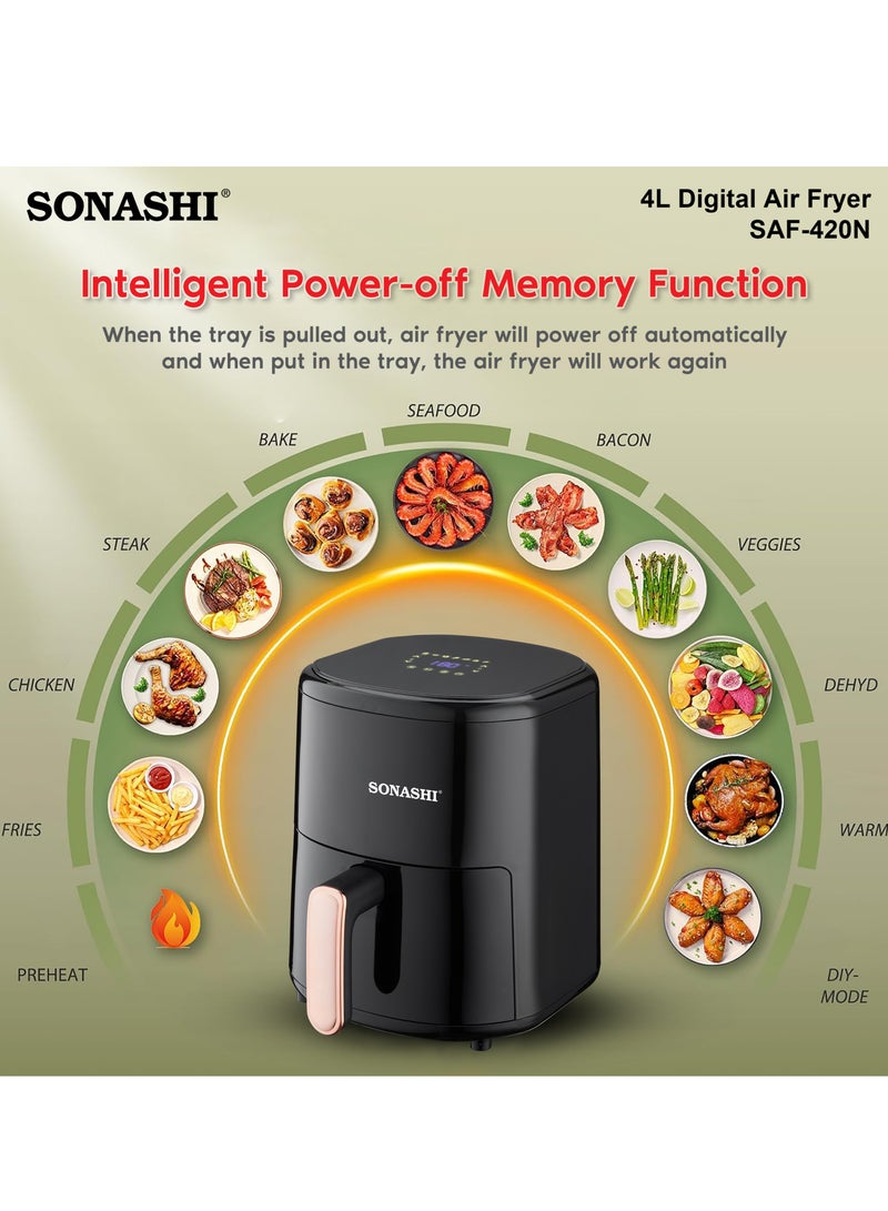 SONASHI - Air Fryer - 4L Capacity| LED Display Touch Screen with 80-200C Temperature Control| No-oil Cooking with Over-Heat Protection| Non-Stick Coating Basket - Auto shutoff function 4 L 1200 W SAF-420N Black - Image 1