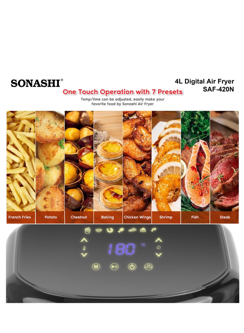 SONASHI - Air Fryer - 4L Capacity| LED Display Touch Screen with 80-200C Temperature Control| No-oil Cooking with Over-Heat Protection| Non-Stick Coating Basket - Auto shutoff function 4 L 1200 W SAF-420N Black - Image 1