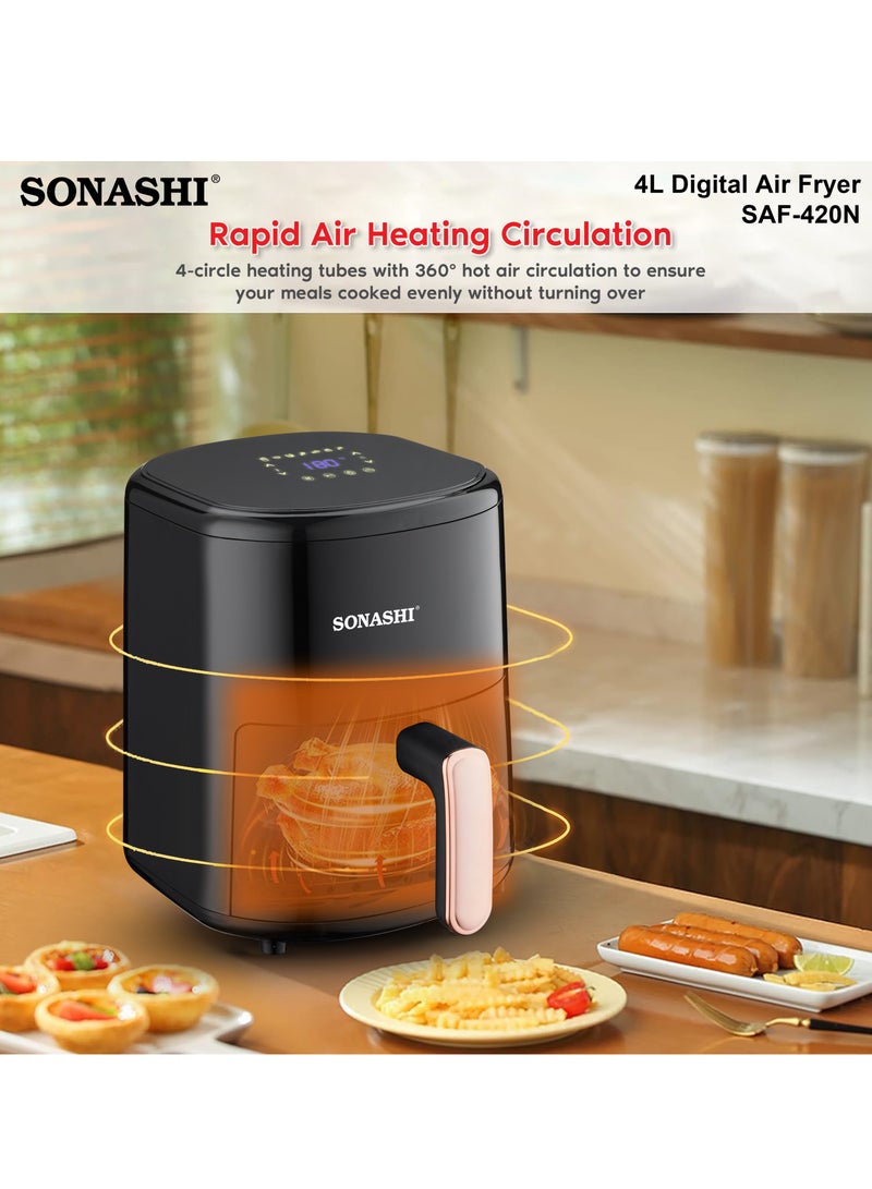 SONASHI - Air Fryer - 4L Capacity| LED Display Touch Screen with 80-200C Temperature Control| No-oil Cooking with Over-Heat Protection| Non-Stick Coating Basket - Auto shutoff function 4 L 1200 W SAF-420N Black - Image 1