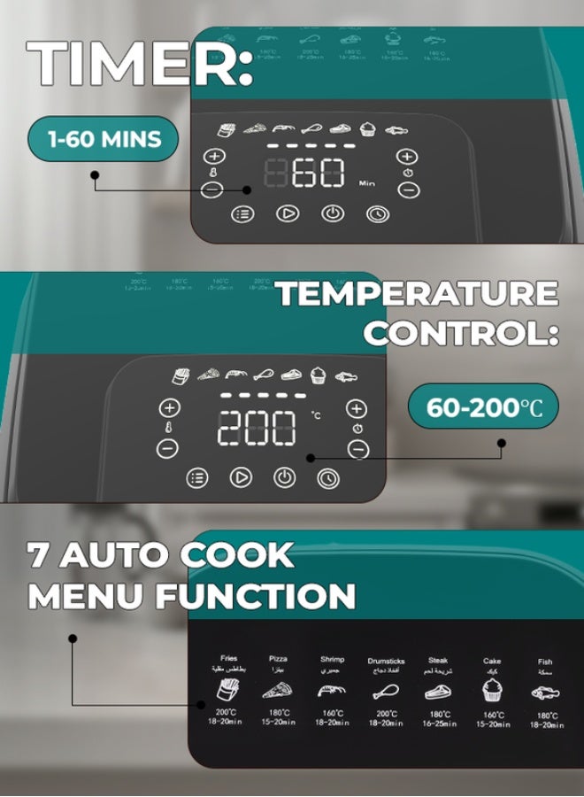 SONASHI Digital Air Fryer – LED Touch-Screen Display with Temperature Control (80–200°C) | 4.2L Teflon Non-Stick Pan | 60-Minute Timer | 360° Rapid Air Cooking | Overheat Protection | 220–240V, 1300–1400W | SAF-420 4 L 1200 W SAF-420N Black - Image 3