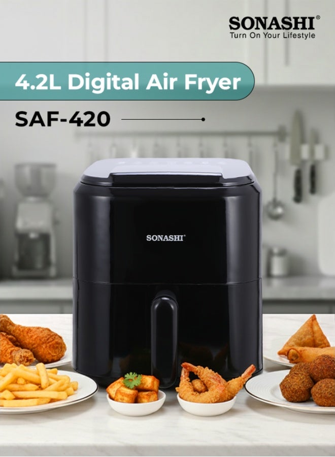 SONASHI Digital Air Fryer – LED Touch-Screen Display with Temperature Control (80–200°C) | 4.2L Teflon Non-Stick Pan | 60-Minute Timer | 360° Rapid Air Cooking | Overheat Protection | 220–240V, 1300–1400W | SAF-420 4 L 1200 W SAF-420N Black - Image 1