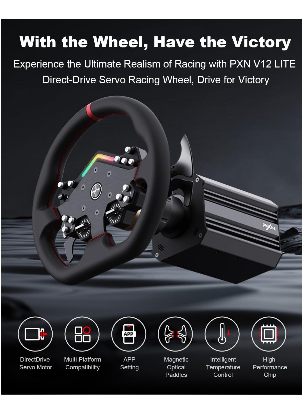 PXN V12 Lite 6Nm Real Direct Drive Force Feedback Gaming Steering Racing Wheel Simulator for PC Windows 7/8/10/11/PS4/Xbox One 