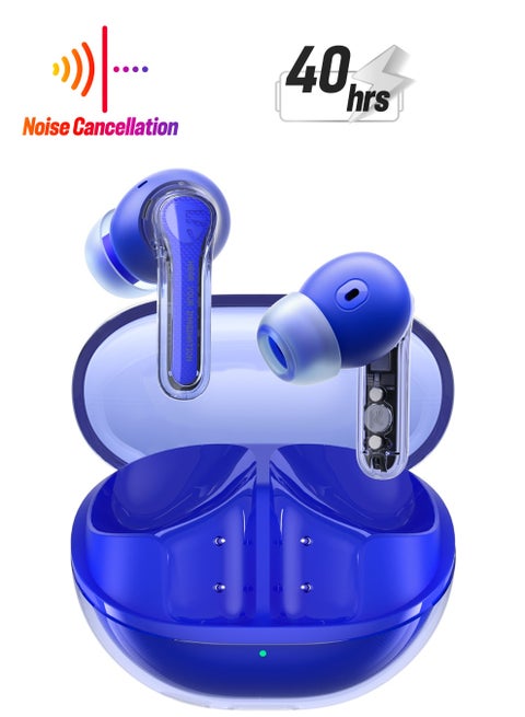 Clear Wireless Earbuds, In-ear Earphones Bluetooth 5.3, 40 Hours Playback Time, 12mm Driver Bluetooth Earphones and Dual Microphone with ENC for Clear Calls, Game Mode, App Control Blue