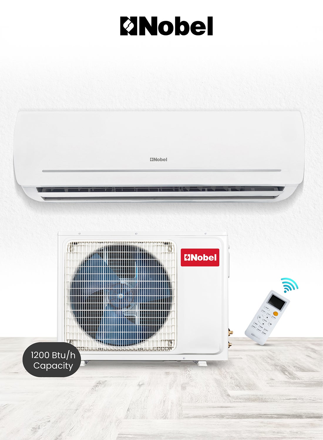 Nobel Split Air Conditioner 12000 Btu/h Capacity, Cooling Only, Rotary Compressor, Auto Restart, 4-Way Airflow, Goldin Fin, Turbo Operation, Hidden LED Display, R410A Refrigerant - NSAC12C1 white 1 TON NSAC12C1 White 