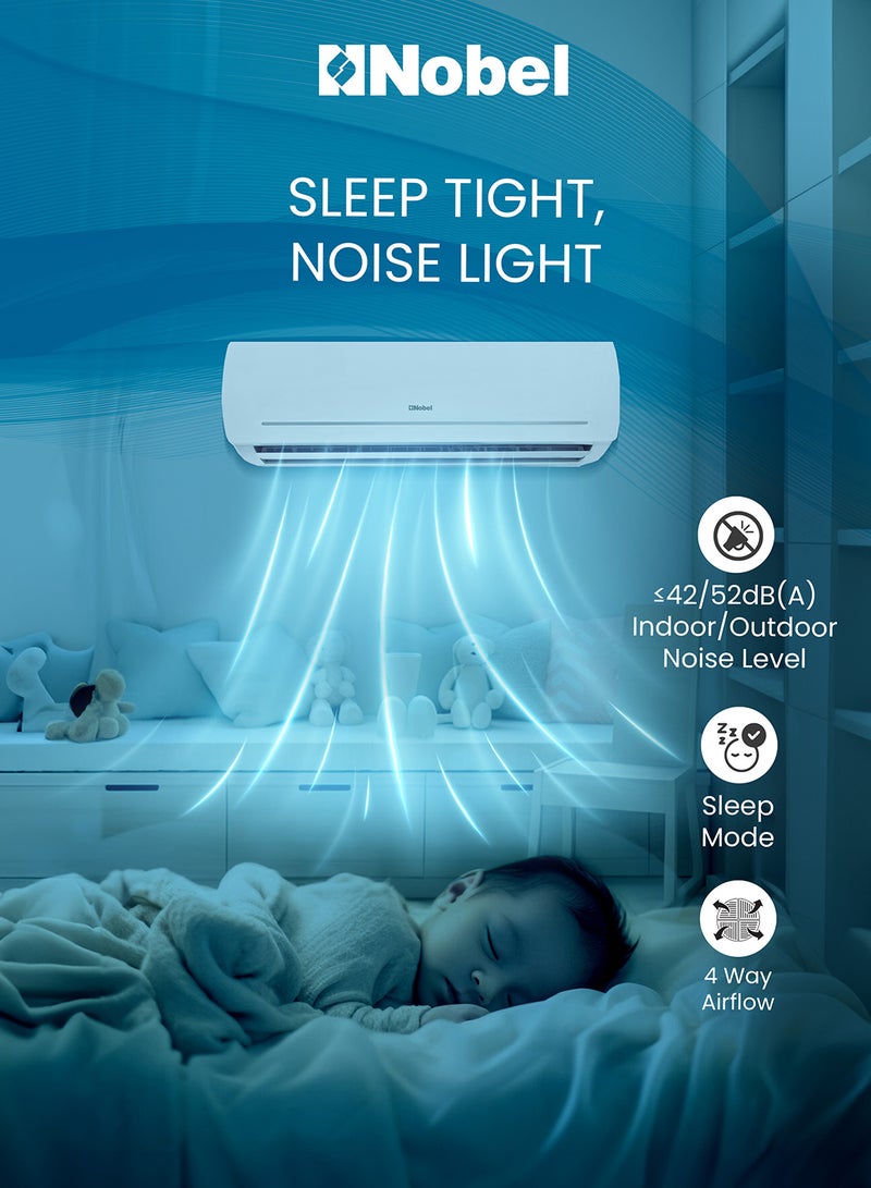 Nobel Split Air Conditioner 12000 Btu/h Capacity, Cooling Only, Rotary Compressor, Auto Restart, 4-Way Airflow, Goldin Fin, Turbo Operation, Hidden LED Display, R410A Refrigerant - NSAC12C1 white NSAC12C1 White  - Image 2