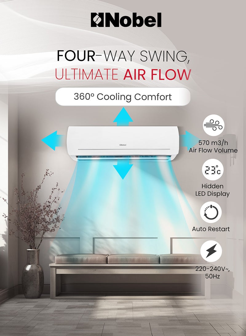 Nobel Split Air Conditioner 12000 Btu/h Capacity, Cooling Only, Rotary Compressor, Auto Restart, 4-Way Airflow, Goldin Fin, Turbo Operation, Hidden LED Display, R410A Refrigerant - NSAC12C1 white NSAC12C1 White  - Image 5