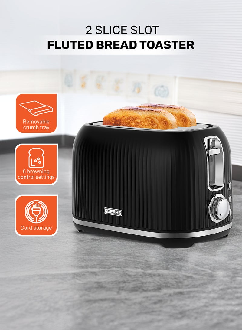 GEEPAS - Geepas Fluted Bread Toaster- 2 Slice Slot| 6 Adjustable Browning Control and Removable Crumb Tray| Defrost and Reheat Button| 2 Years Warranty, GBT36558-BK, Black 850 W GBT36558-BK Black - Image 1