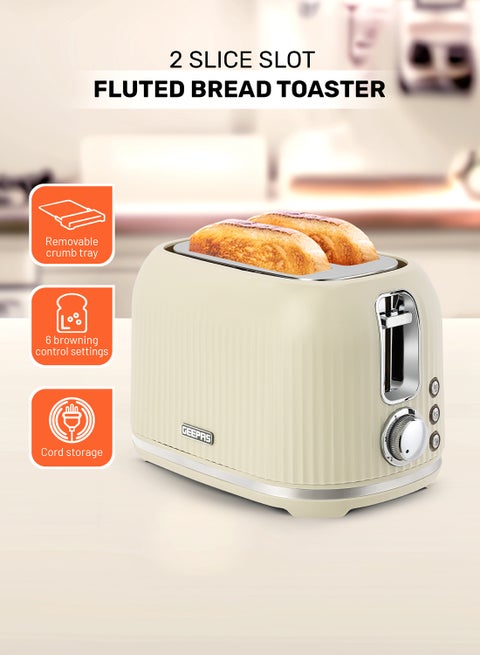Geepas Fluted Bread Toaster- 2 Slice Slot| 6 Adjustable Browning Control and Removable Crumb Tray| Defrost and Reheat Button| 2 Years Warranty, GBT36558UK-CR, Cream 850 W GBT36558UK-CR Cream