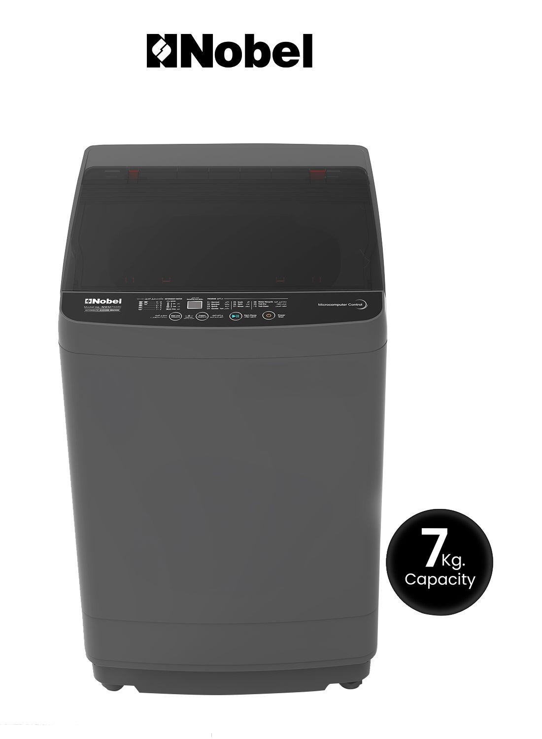 Washing Machine 7 KG Capacity, Electronic Control, 12 Wash Programs, LED Washing Phase Indicator, Transparent Lid, Dual Magic Filter, Stainless Steel Drum - 735 W NWM750RI Dark Grey 