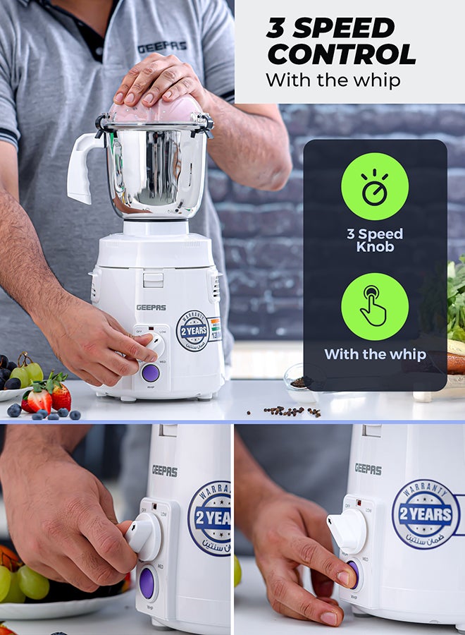 جيباس خلاط ومطحنة 3 في 1 بشفرة من الفولاذ المقاوم للصدأ ووعاء، حماية آمنة متعددة، أقدام مضادة للانزلاق، محرك محمل كروي مزدوج عالي التحمل، اهتزاز منخفض، ناقل حركة عالي الطاقة، تحكم في سرعة الدوران - Image 4