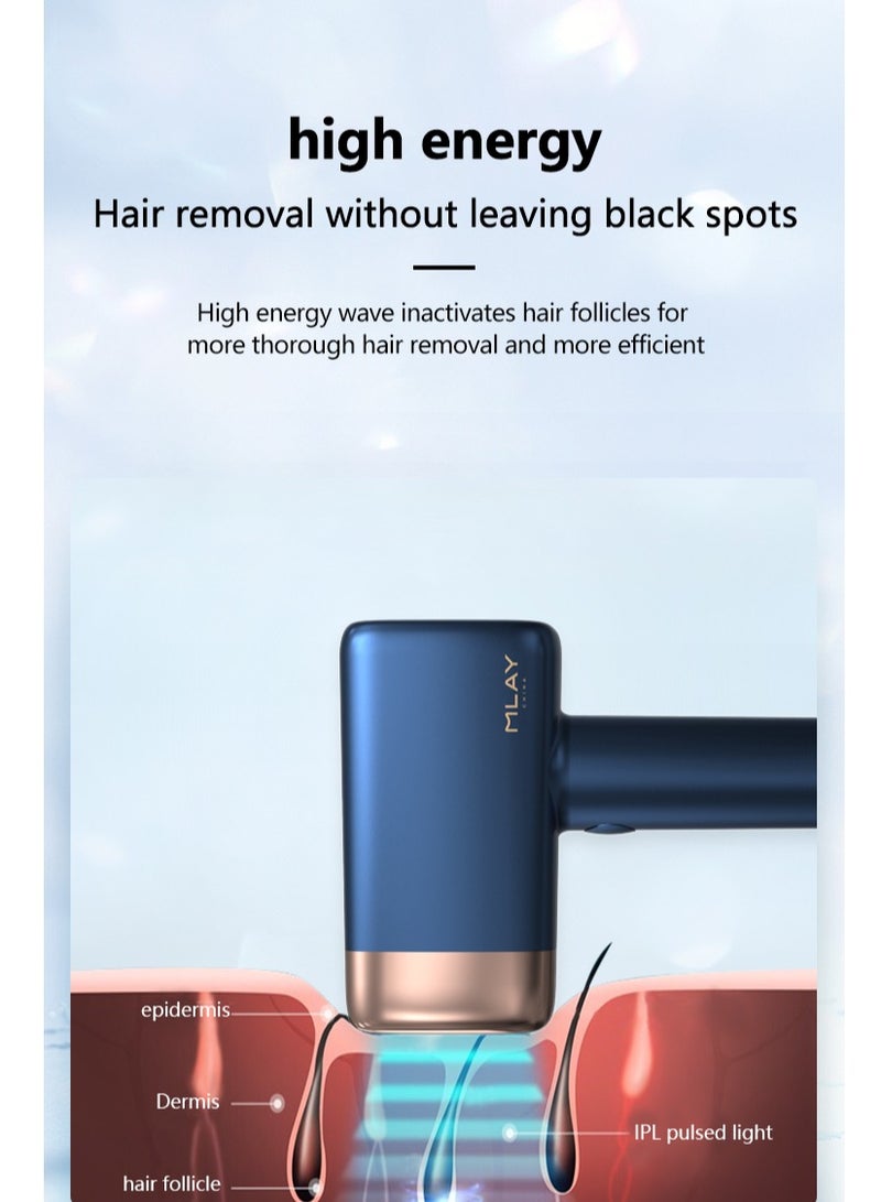 MLAY Newest T14 IPL Home Laser Hair Removal Device With HR Bikini and Face Lamp Painless 3℃ Cold Compress/500000 Pulses/5-Levels Dark Blue - Image 4