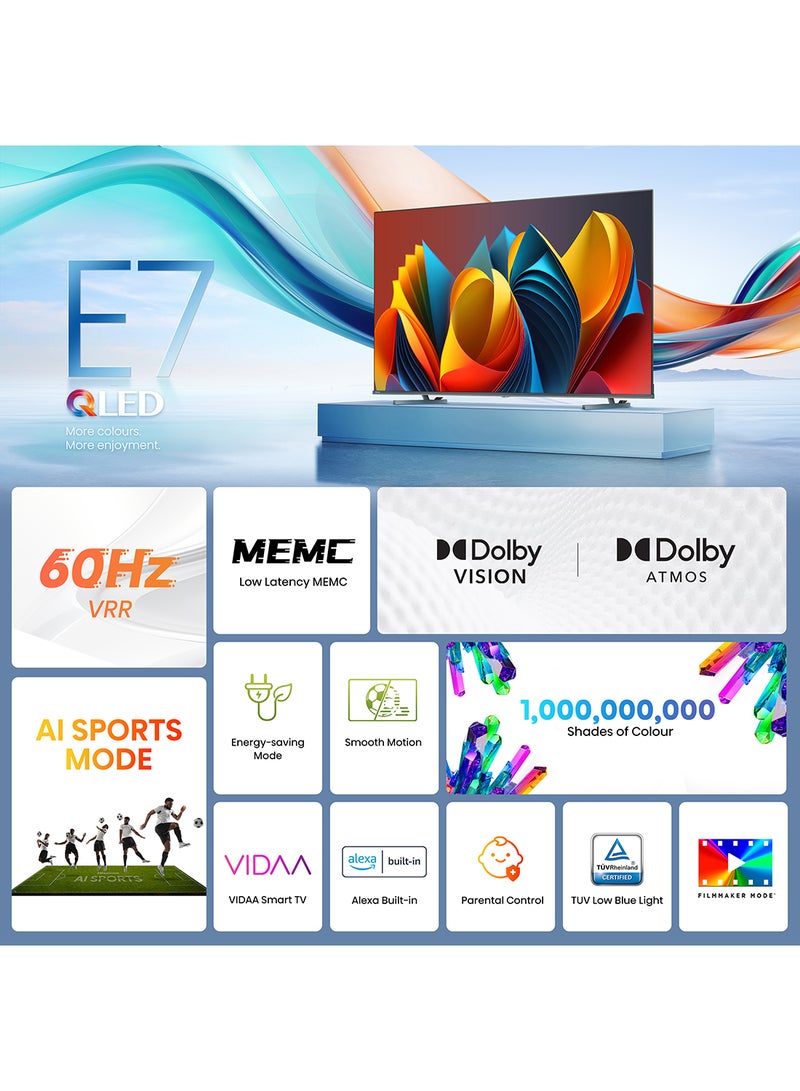 55 inch QLED Smart TV E7N-Quantum Dot Colour, AI Picture, Dolby Vision, Dolby Atmos, Share to TV, Voice Control, Filmmaker Mode, Youtube, Netflix, Disney+ And Shahid, (2024 New Model) 55E7N Black