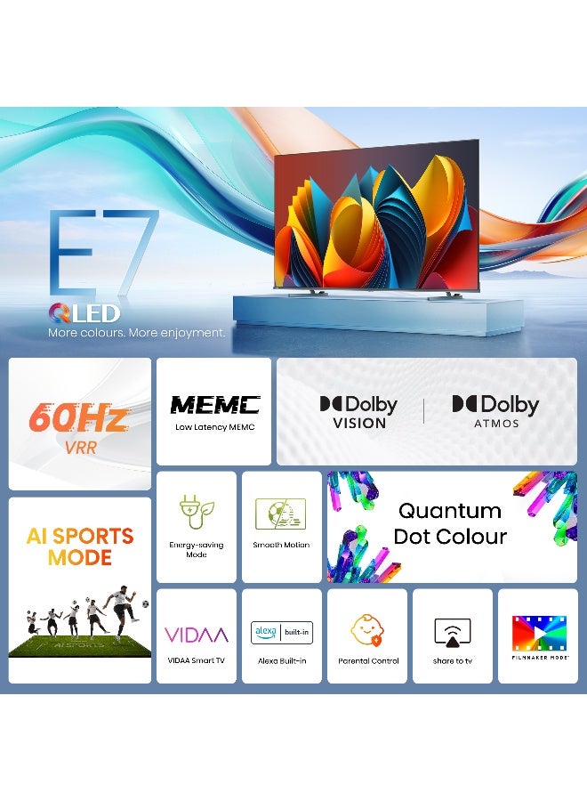 هايسنس تلفزيون QLED ذكي مقاس 55 بوصة E7N-Quantum Dot Colour، صورة AI، Dolby Vision، Dolby Atmos، المشاركة في التلفزيون، التحكم الصوتي، وضع صانع الأفلام، Youtube، Netflix، Disney+ وShahid، (موديل جديد 2024) - Image 3