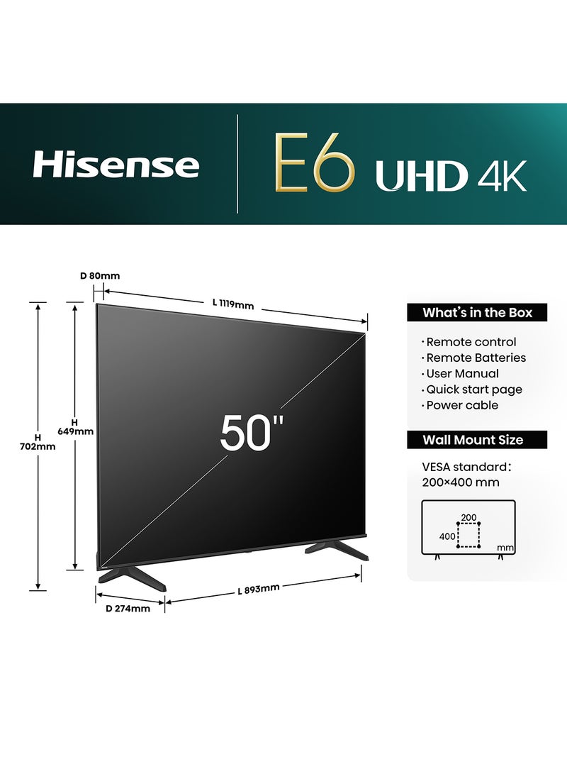 Hisense - 50 inch Smart TV UHD 4K E6N-Dolby Vision,Game Mode Plus,Smooth Motion with MEMC,AI Sports Mode,Voice Control,Share to TV,Youtube,Netflix,Disney+,Shahid And Anghami (2024 New Model) 50E6N Black - Image 1