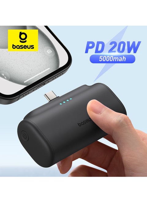 5000 mAh Power Bank with Built-in USB-C Connector Portable Charger 20W For iPhone 15/15 Plus/15 Pro/15 Pro Max, Samsung S22/23/S24 Series, Huawei, Pixel, iPad Pro/Air, And All Type C Phone Black