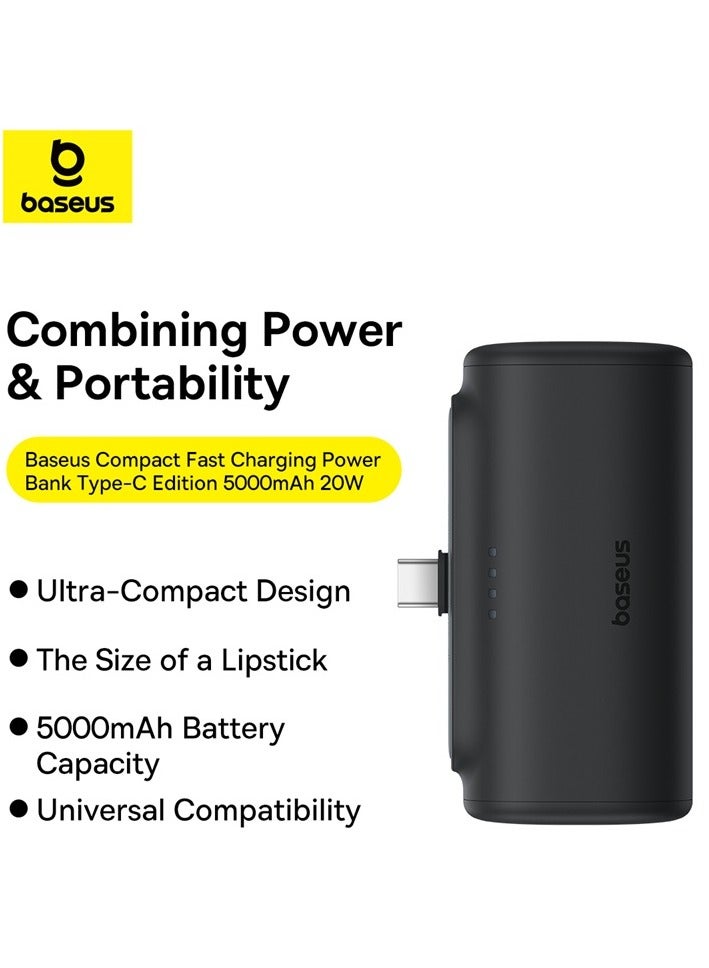 5000 mAh Power Bank with Built-in USB-C Connector Portable Charger 20W For iPhone 15/15 Plus/15 Pro/15 Pro Max, Samsung S22/23/S24 Series, Huawei, Pixel, iPad Pro/Air, And All Type C Phone Black