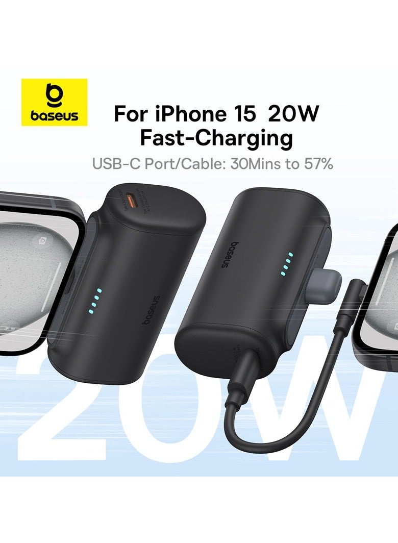 5000 mAh Power Bank with Built-in USB-C Connector Portable Charger 20W For iPhone 15/15 Plus/15 Pro/15 Pro Max, Samsung S22/23/S24 Series, Huawei, Pixel, iPad Pro/Air, And All Type C Phone Black