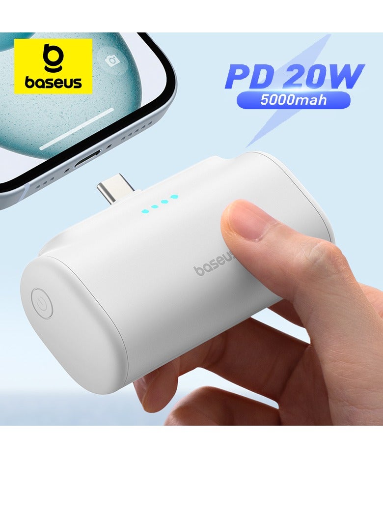 Baseus 5000 mAh Power Bank with Built-in USB-C Connector, Portable Charger 20W For iPhone 15/15 Plus/15 Pro/15 Pro Max, Samsung S22/23/S24 Series, Huawei, Pixel, iPad Pro/Air, And all Type C Phone White  - Image 1
