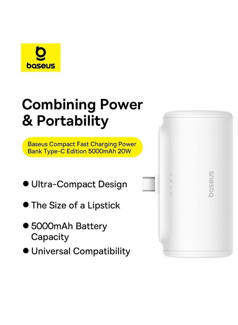 5000 mAh Power Bank with Built-in USB-C Connector, Portable Charger 20W For iPhone 15/15 Plus/15 Pro/15 Pro Max, Samsung S22/23/S24 Series, Huawei, Pixel, iPad Pro/Air, And all Type C Phone White