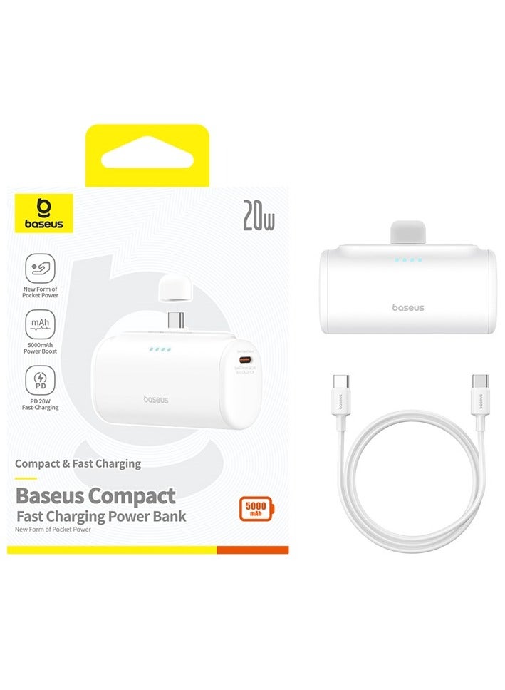 5000 mAh Power Bank with Built-in USB-C Connector, Portable Charger 20W For iPhone 15/15 Plus/15 Pro/15 Pro Max, Samsung S22/23/S24 Series, Huawei, Pixel, iPad Pro/Air, And all Type C Phone White