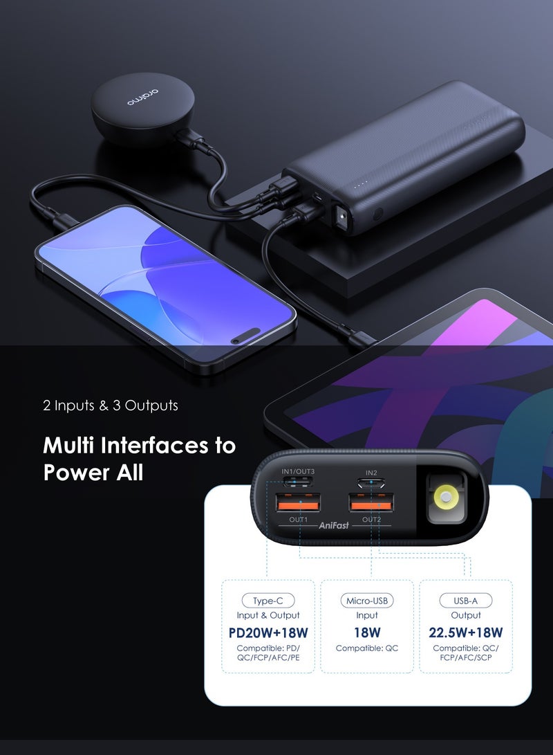 Oraimo - 20000 mAh Travaler 22.5 PD 20000mAh Power Bank with 22.5W Fast Charging,Triple Output, Type C &Micro Input, Multi-Layer Protection with LED Torch Black - Image 1