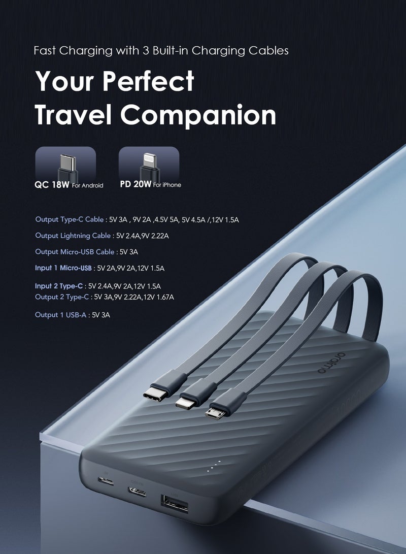 Oraimo 10000 mAh 22.5W Super Fast Charging, Slice Link Pro 10000mAH Powerbank 2,3 built in Charging Cables, lighting PD 20W ,Type-C 22.5W ,Universal Compatibility ,Multi-Layer Protection Gray - Image 2