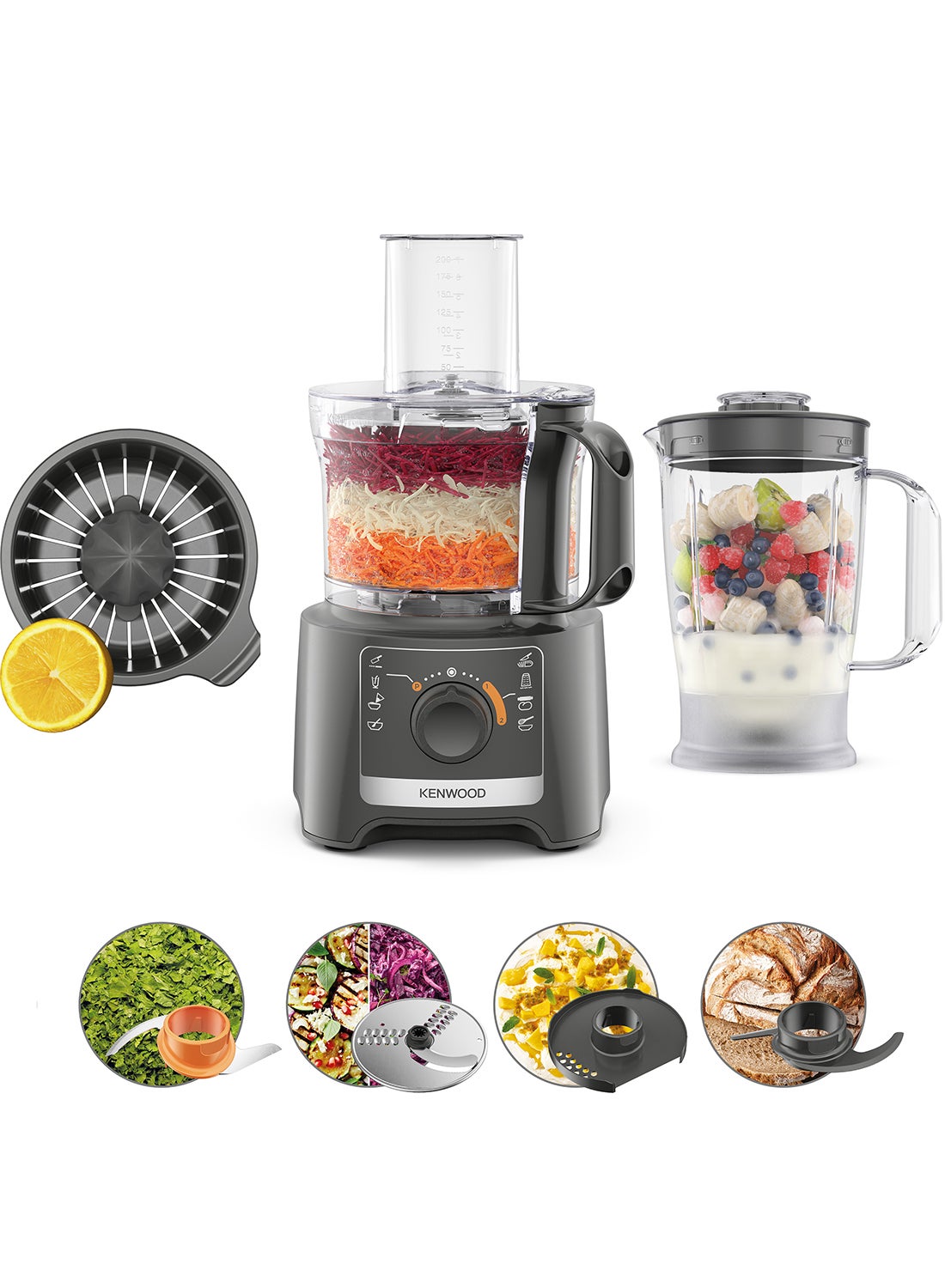 Food Processor 800W Multi-Functional With Blender, Citrus Juicer, Reversible Slicing/Grating Disk, Emulsifying Disk For Whisking, Dough Maker, Knife Blade 800 W FDP31.270GY / FDP31.270WH Grey