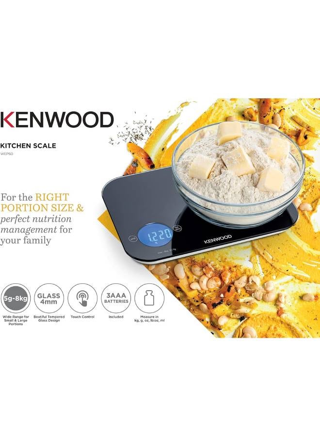 KENWOOD Digital Kitchen Scale 5Gm-8Kg Capacity Weight Scale 4Mm Tempered Glass, Touch Control, 3 AAA Batteries, Tare/Zero Function, Auto Shut-Off - WEP50.000BK Black - Image 2