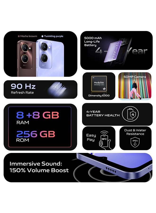 فيفو Y28s 5G ثنائي الشريحة بني موكا، ذاكرة وصول عشوائي 8 جيجابايت، 256 جيجابايت مع سماعات أذن وضمان 24 شهرًا - إصدار الشرق الأوسط  - Image 2