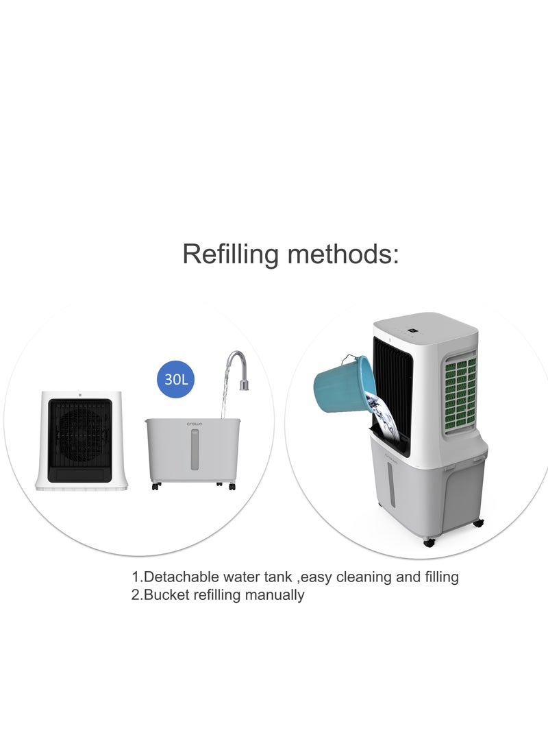 Crownline - Evaporative Air Cooler, 30L Tank, 1800m³/h Airflow, Anion Purifier, 3 Wind Modes, 3-Speed Control, Multi-Directional Swing, 12H Timer, Dual Remote Control, Easy-Move Wheels 30 L 120 W AC-400 White - Image 1