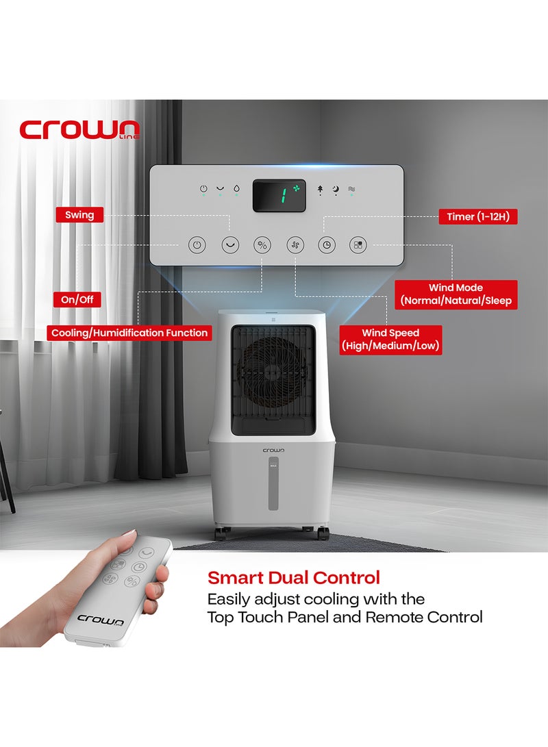 Crownline - Evaporative Air Cooler, 30L Tank, 1800m³/h Airflow, Anion Purifier, 3 Wind Modes, 3-Speed Control, Multi-Directional Swing, 12H Timer, Dual Remote Control, Easy-Move Wheels 30 L 120 W AC-400 White - Image 1