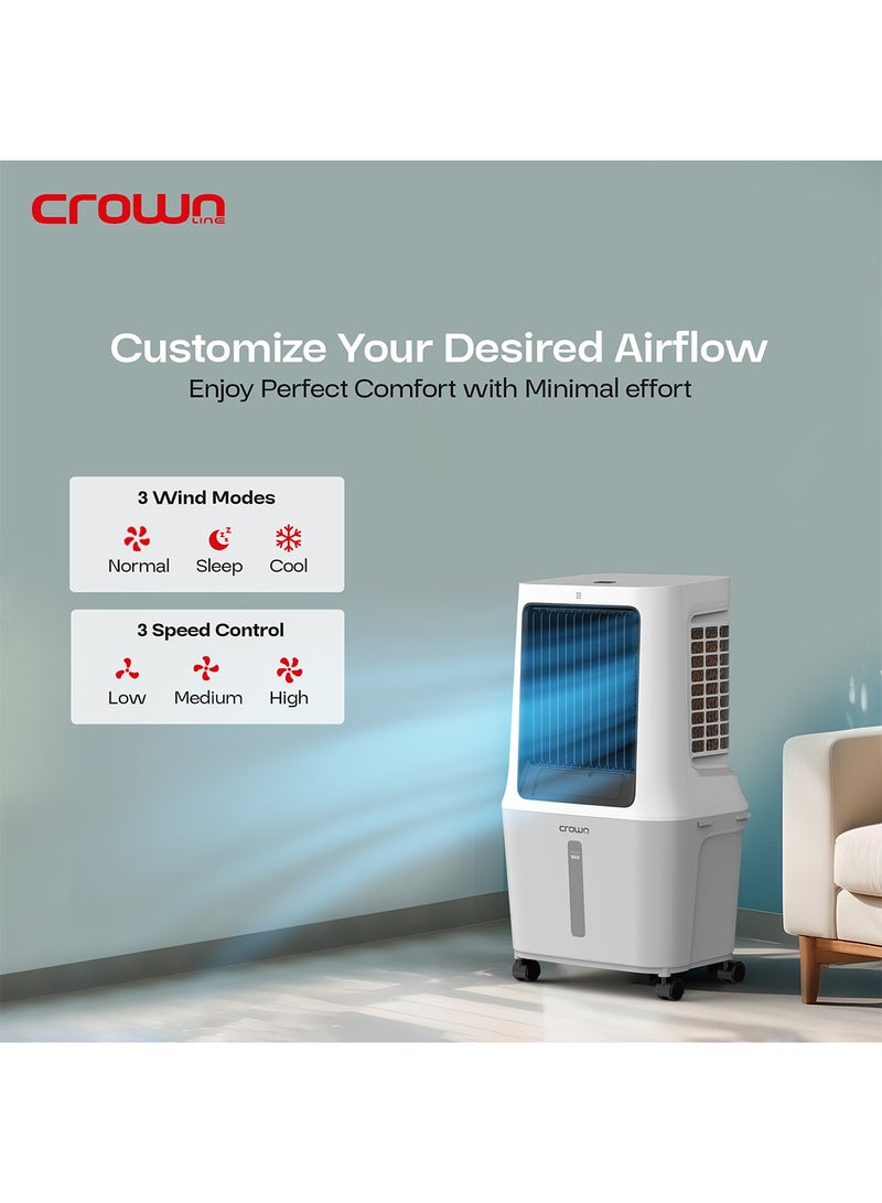 Crownline - Evaporative Air Cooler, 30L Tank, 1800m³/h Airflow, Anion Purifier, 3 Wind Modes, 3-Speed Control, Multi-Directional Swing, 12H Timer, Dual Remote Control, Easy-Move Wheels 30 L 120 W AC-400 White - Image 1