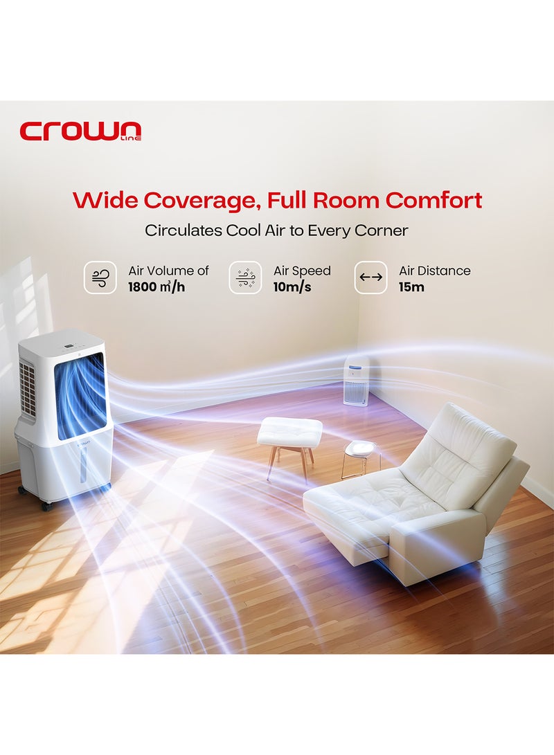 Crownline - Evaporative Air Cooler, 30L Tank, 1800m³/h Airflow, Anion Purifier, 3 Wind Modes, 3-Speed Control, Multi-Directional Swing, 12H Timer, Dual Remote Control, Easy-Move Wheels 30 L 120 W AC-400 White - Image 1