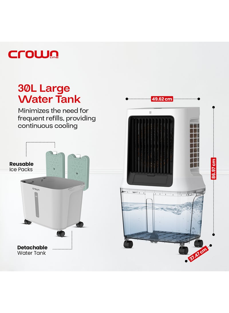 Crownline - Evaporative Air Cooler, 30L Tank, 1800m³/h Airflow, Anion Purifier, 3 Wind Modes, 3-Speed Control, Multi-Directional Swing, 12H Timer, Dual Remote Control, Easy-Move Wheels 30 L 120 W AC-400 White - Image 1