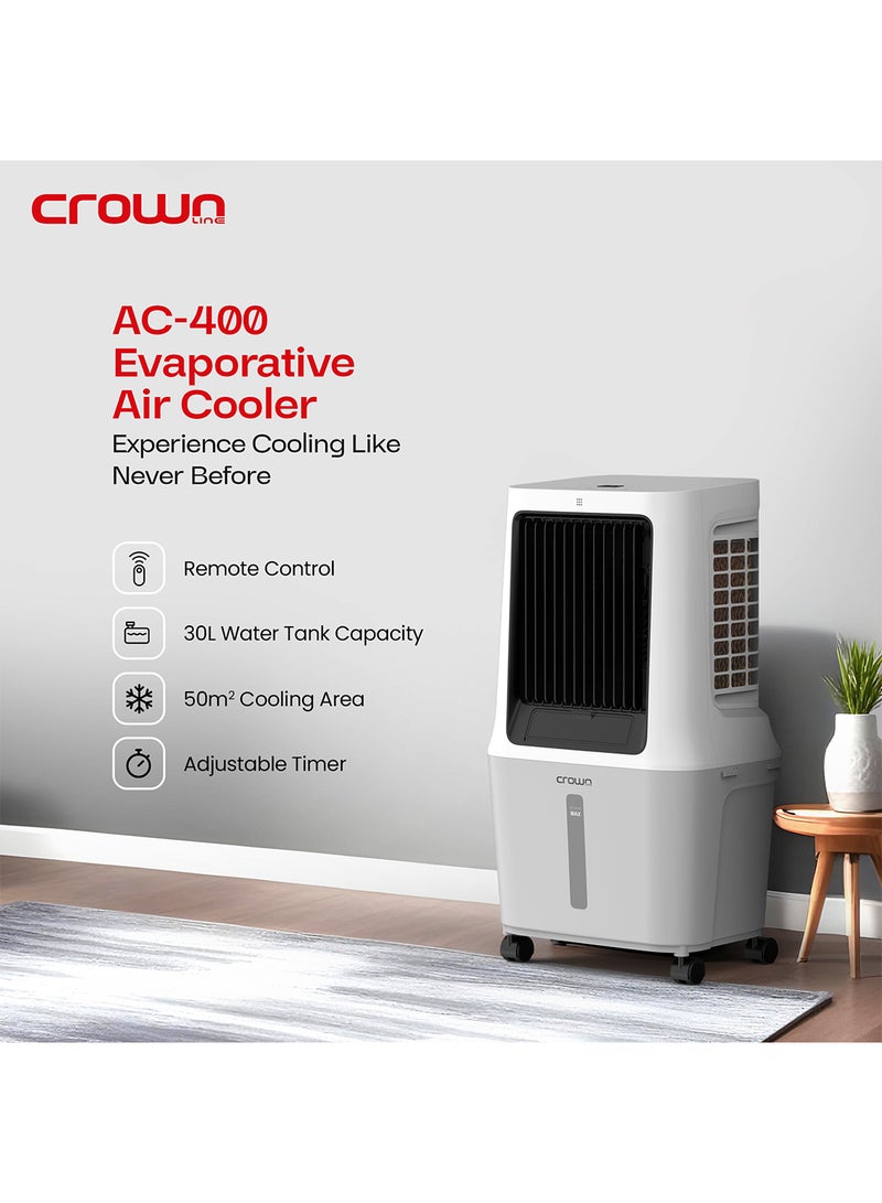Crownline - Evaporative Air Cooler, 30L Tank, 1800m³/h Airflow, Anion Purifier, 3 Wind Modes, 3-Speed Control, Multi-Directional Swing, 12H Timer, Dual Remote Control, Easy-Move Wheels 30 L 120 W AC-400 White - Image 1