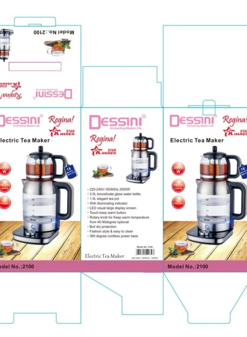 ديسيني ماكينة تحضير الشاي التركي الكهربائية مع غلاية ماء زجاجية سعة 2.0 لتر، إبريق شاي سعة 1.0 لتر، 2000 واط - Image 2