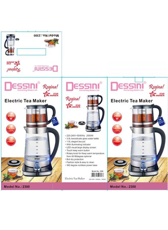 DESSINI Electric Turkish Tea maker With 2.0L Glass Water Kettle 1.0L Tea Pot Tea Maker 2300 Silver/Black/Clear  - Image 2