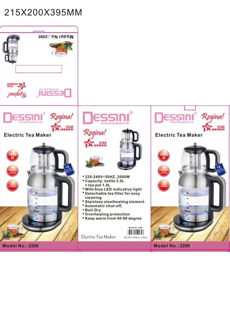DESSINI Electric Turkish Tea Maker With 2.0L Glass Water Kettle 1.0L Tea Pot 2000W Tea Maker 2200 Silver/Black/Clear  - Image 2