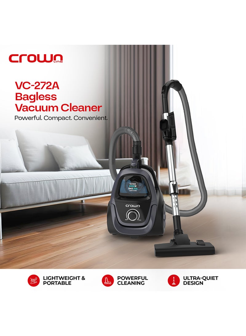 كراون لاين 2000W Bagless Vacuum Cleaner | 2.5L Tank with Adjustable Handle | Powerful Suction with Multiple Filters | Dust Full Indicator and Quiet Operation | 1 Year Brand Warranty 2.5 L 2000 W VC-272A Blue  - Image 2