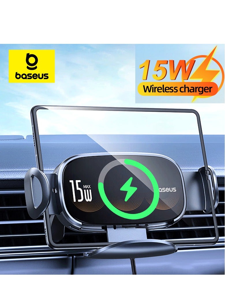 Baseus 15W Triple Coil Qi Wireless Car Charger, Airvent Mount Holder Compatible for Samsung Galaxy Z Flip 5/4/3/2, S24/S23 Ultra, iPhone 15 Pro Max, Pixel 7 Pro, Huawei Mate Series, Honor Fast Car Charger Black - Image 1