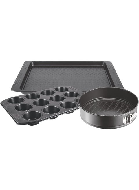 TEFAL مجموعة أدوات خبز | طقم سهل الإمساك من 3 قطع: قالب مافن 12 قطعة 26.5x39.5 سم/ صينية خبز 29.5x41 سم/ قالب سبرينغ فورم 25 سم | فولاذ كربوني | طلاء غير لاصق | سهولة التنظيف | رمادي داكن | ضمان لمدة سنتين | J162S385