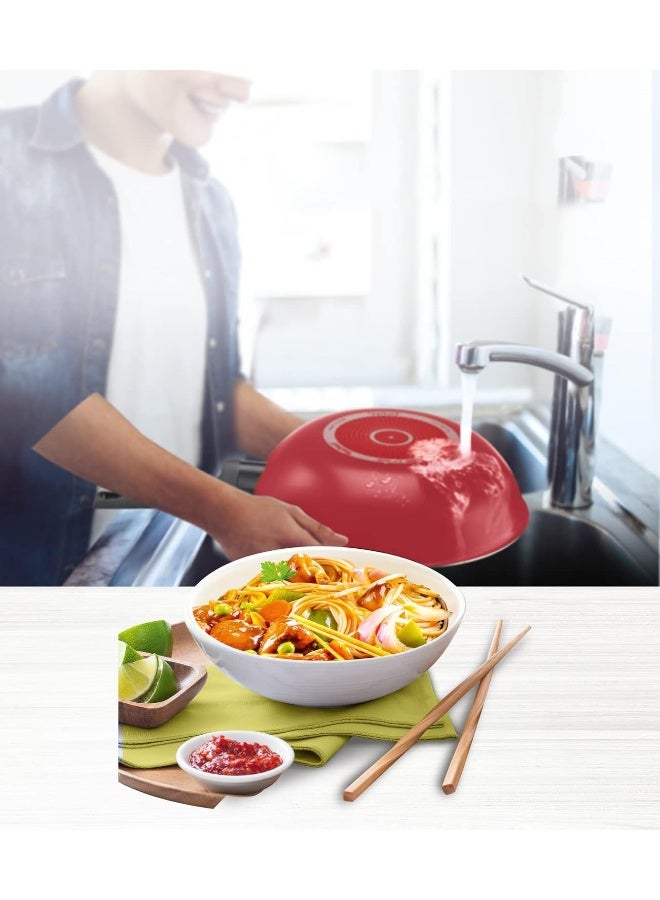 تيفال TEFAL مقلاة ووك 28 سم | تنظيف سهل | ألومنيوم | طلاء غير لاصق | مؤشر حرارة Thermo Signal | قاعدة توزيع الحرارة | أواني طهي آمنة وصحية | صنع في فرنسا | أحمر | ضمان لمدة سنتين | B5721953 28سم  - Image 4