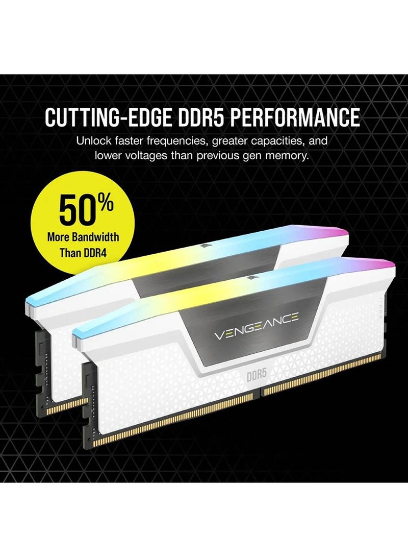CORSAIR - Vengeance RGB 64GB (2x32GB) Desktop Memory, 288Pin DDR5 DRAM, 5200 Tested Speed, 40-40-40-77 Tested Latency, 1.25V, Overclock PMIC, Suite For Intel 600/700 Series, White | CMH64GX5M2B5200C40W - Image 1
